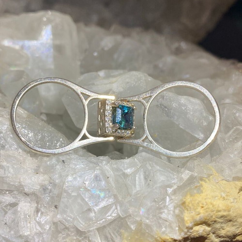 Handmade silver double-sided ring with natural indicolite, pink tourmaline & moissanite, new