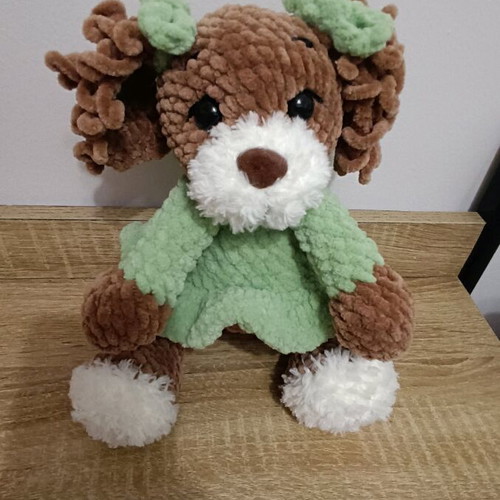 Handmade crocheted dog new with plush yarn and green dress