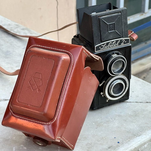 Lubitel 2 camera used with original leather case