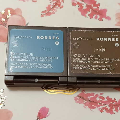 Korres eyeshadows used, set with blue and olive shades