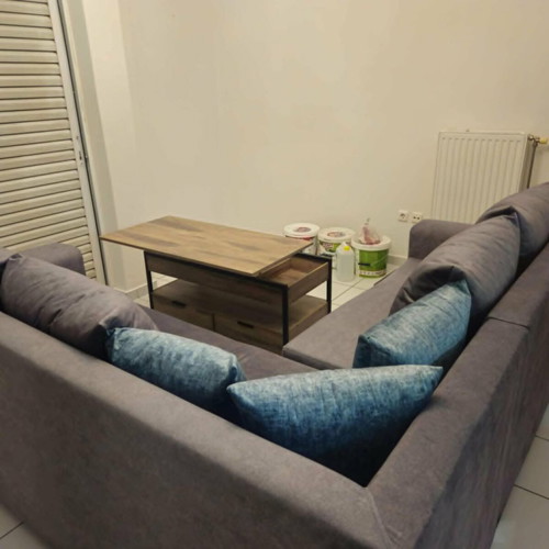 Corner sofa 2.20 x 2.20 m, grey with petrol cushions