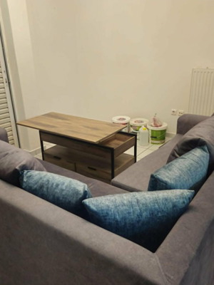 Corner sofa 2.20 x 2.20 m, grey with petrol cushions