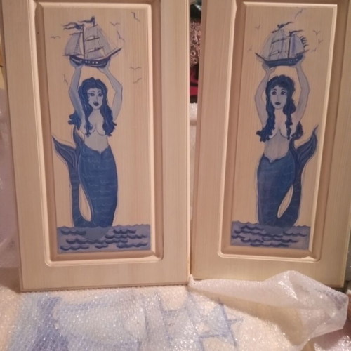 Two decorative wall panels new hand-painted with mermaids