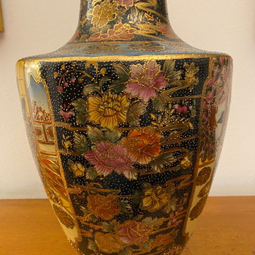 Satsuma large handmade vase used with 24K embossed human figures and flowers