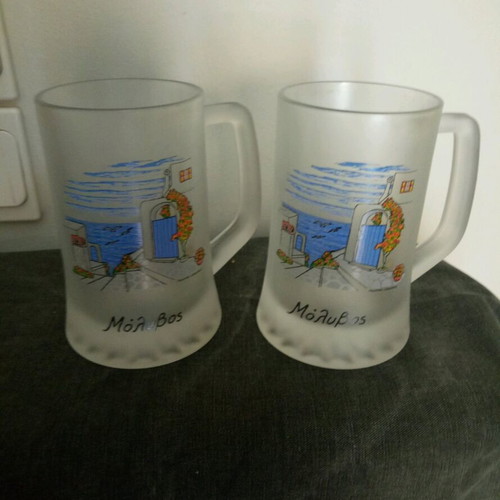 Beer glasses like new, set of 2, frosted glass, souvenir from Molyvos