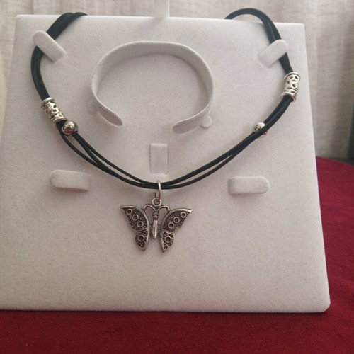 Butterfly necklace suede and leather new, black and silver