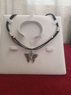 Butterfly necklace suede and leather new, black and silver