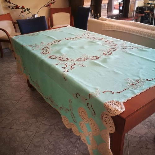 Vintage linen cutwork tablecloth handmade new veraman with knitted motifs