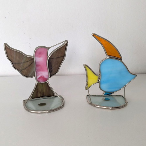 Vintage decorative stained glass tealight holders set of 2, 14 cm