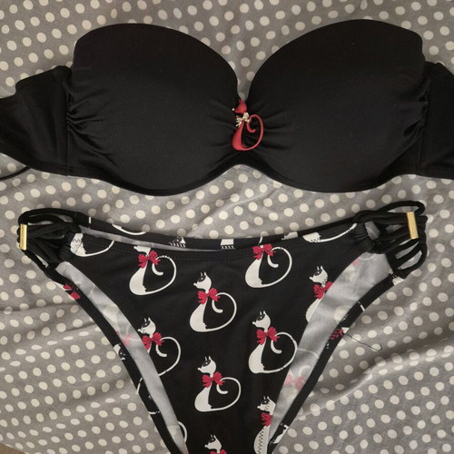 Swimsuit set new with cat print, size M, pink and black