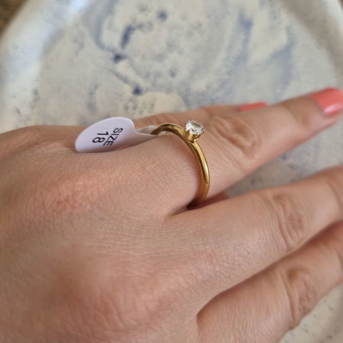 Gold solitaire ring stainless steel with white zircon stone