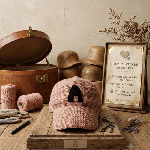 Handmade Crochet Baseball Cap with Custom "A" Letter, Pink