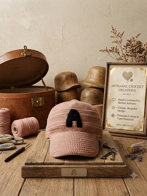 Handmade Crochet Baseball Cap with Custom "A" Letter, Pink