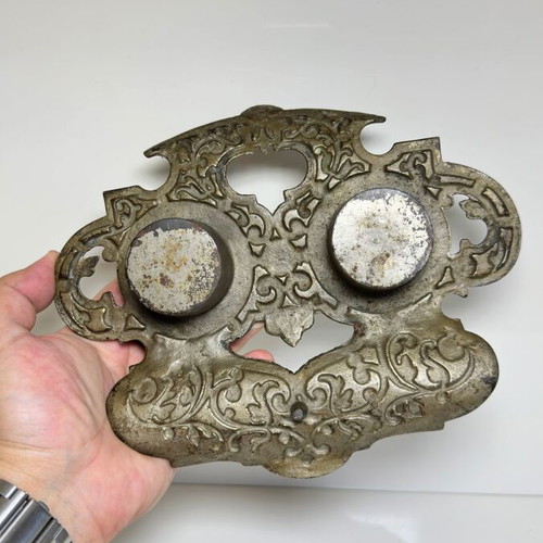 Antique double iron desk inkwell with baroque decoration