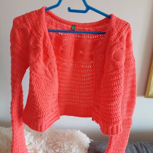 Benetton knitted kids cardigan used, bright coral, size 158 cm
