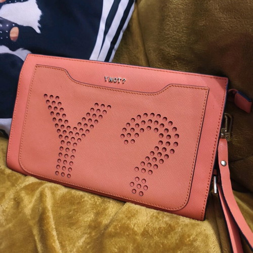 Y Not? Handbag like new, orange envelope with strap and keychain