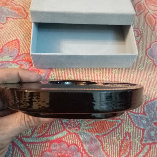 Vintage glass ashtray with Greek Tekniki seal, dark blue