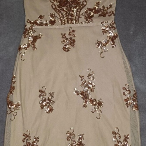 Mini formal dress like new, beige with gold sequins, size M