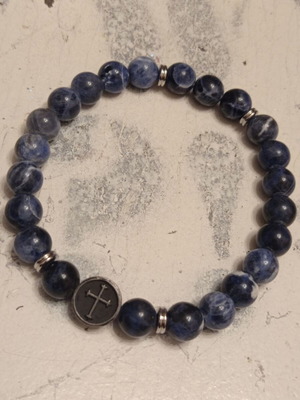 Men's Handmade Bracelet with Natural Sodalite and Stainless Steel Cross new