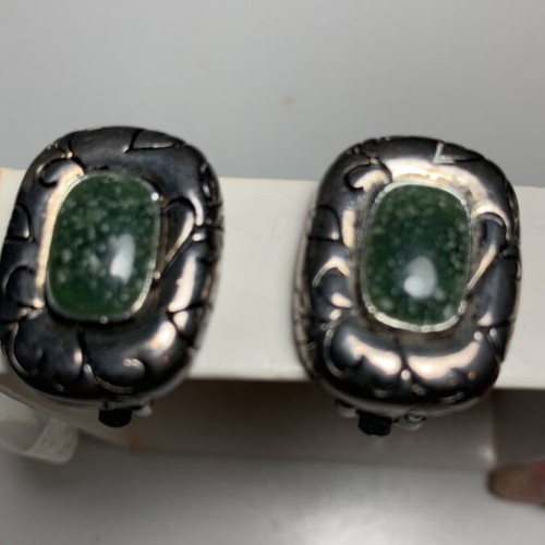 Vintage earrings with semi-precious stones used, nephrite natural stone, clip-on