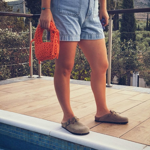 Handmade knitted mini bag vibrant orange with bows