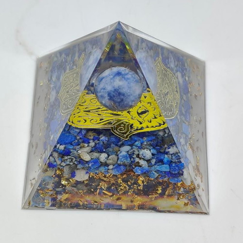Orgonite pyramid with Lapis Lazuli, Sodalite and Hamsa hand like new