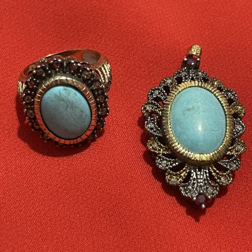 9k gold and 925 silver ring and pendant with diamonds and turquoise, vintage
