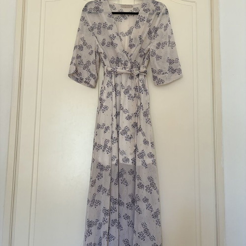 Boho Kimono Sleeve Sheer Faux Wrap Maxi Dress, Gold Lurex Print, Size S