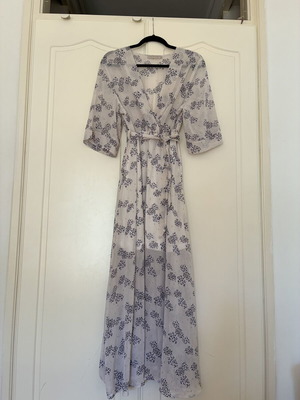 Boho Kimono Sleeve Sheer Faux Wrap Maxi Dress, Gold Lurex Print, Size S
