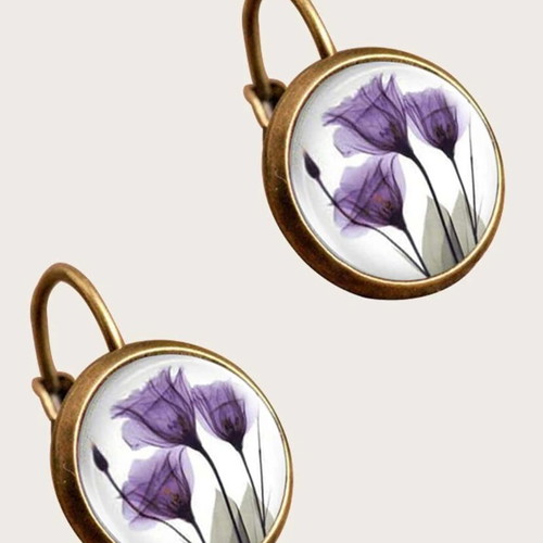 Vintage small earrings with bronze base and 14mm glass purple tulips new