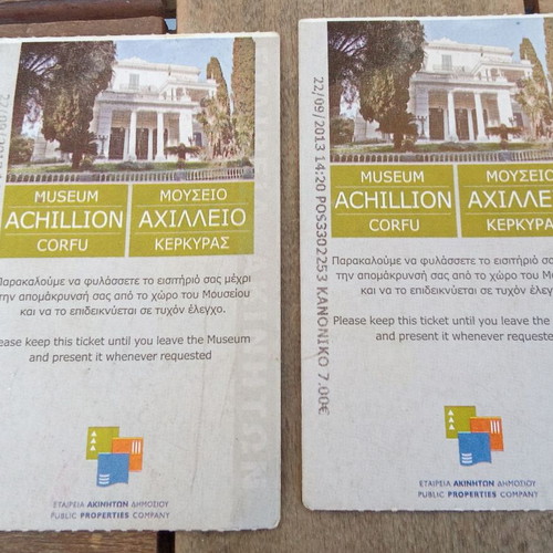 Achillion Corfu Museum tickets, pack of 2, 2013 souvenirs
