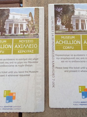 Achillion Corfu Museum tickets, pack of 2, 2013 souvenirs