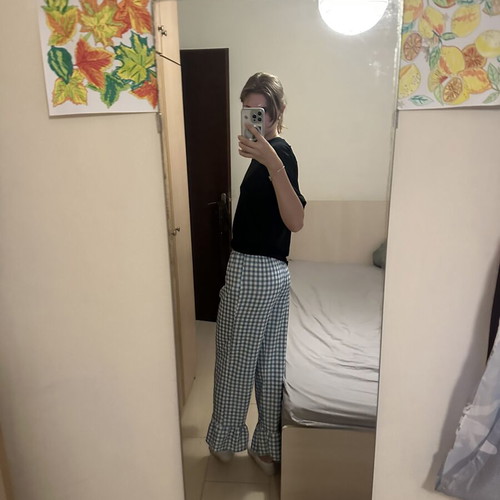 Shein checked loose-fitting pants, white and blue, XS
