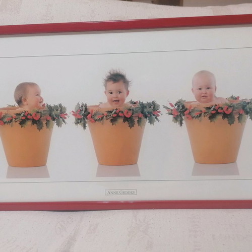 Anne Geddes framed print used with babies, red frame 62x32cm