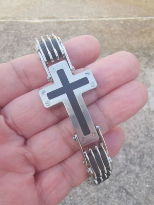 Ascot Steel bracelet with cross used, elastic black and silver band