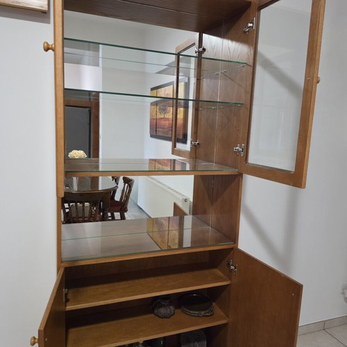 Handmade showcase used, oak wood with glass shelves