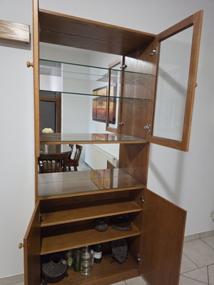 Handmade showcase used, oak wood with glass shelves