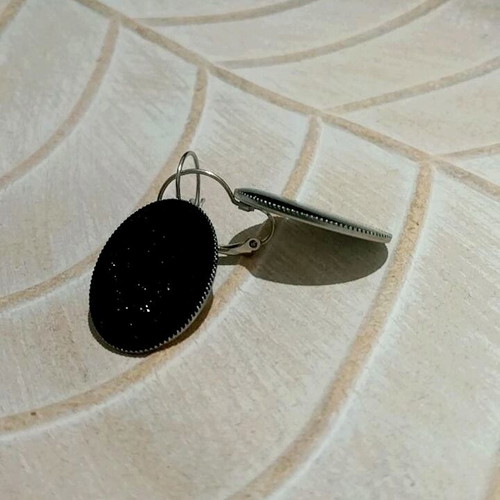 Handmade steel oval earrings with black iridescent liquid glass new