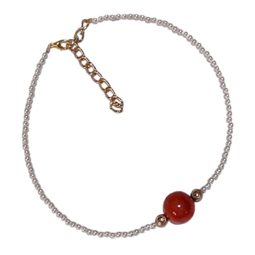Pearl necklace with central red coral and metal elements new