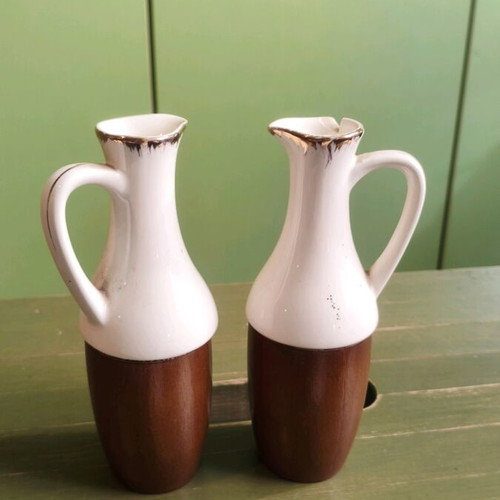 Vintage oil and vinegar cruet set used with porcelain and acacia wood