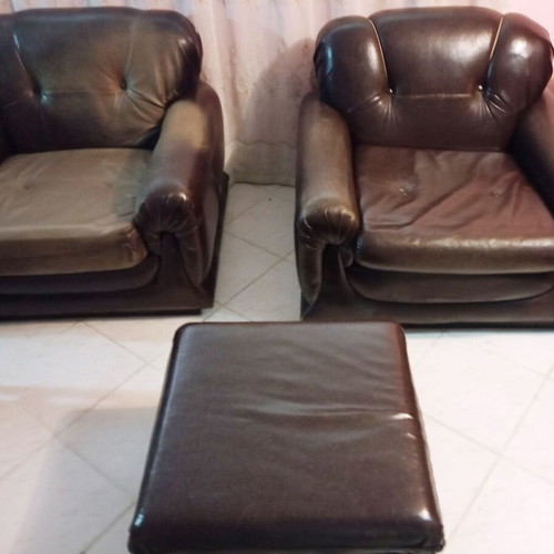Armchairs and low seats set used, 2 armchairs and 2 stools with cushions