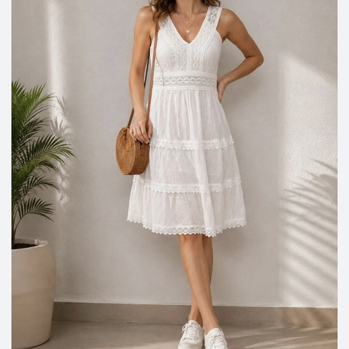 Boho 100% Cotton White Lace Sundress, size L