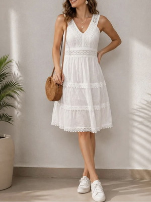 Boho 100% Cotton White Lace Sundress, size L