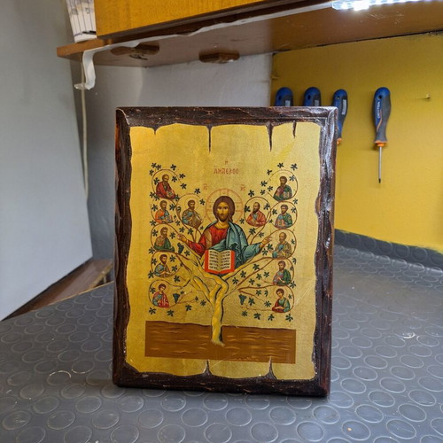 Handmade religious icon on old wood with gold leaf, like new