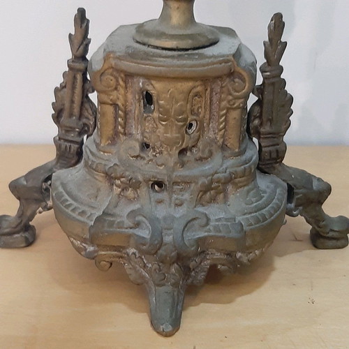 Bronze candlesticks used, pair with patina and carved base