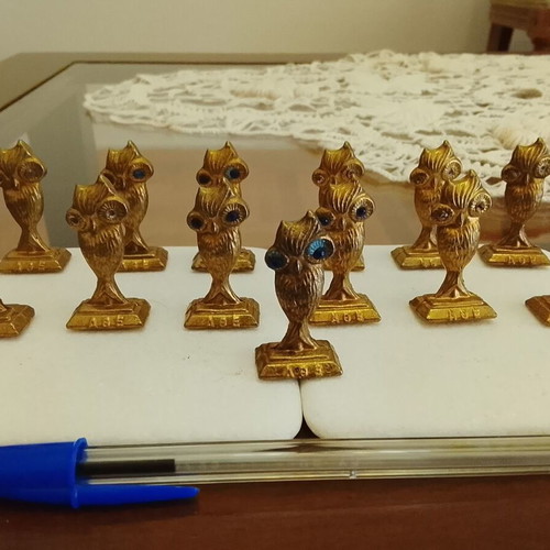 Set of 13 vintage medium bronze Athena owls used