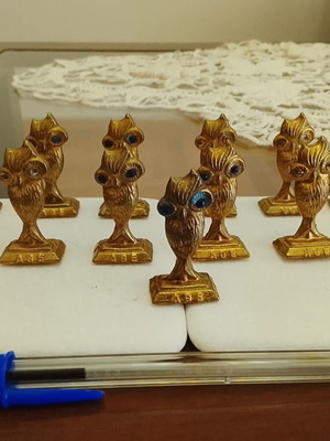 Set of 13 vintage medium bronze Athena owls used