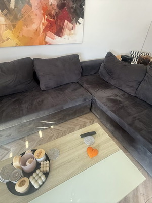 Corner sofa 2.90-2.62 m used, dark gray, sturdy construction, fabric