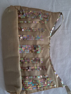 Evening bag with sequins used, beige and gold fabric clutch
