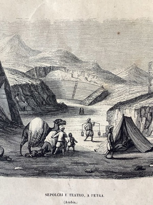 Ξυλογραφία 1870 Πέτρα Ιορδανίας μεταχειρισμένη, λαξευμένο νεκροταφείο και θέατρο 26x17 cm